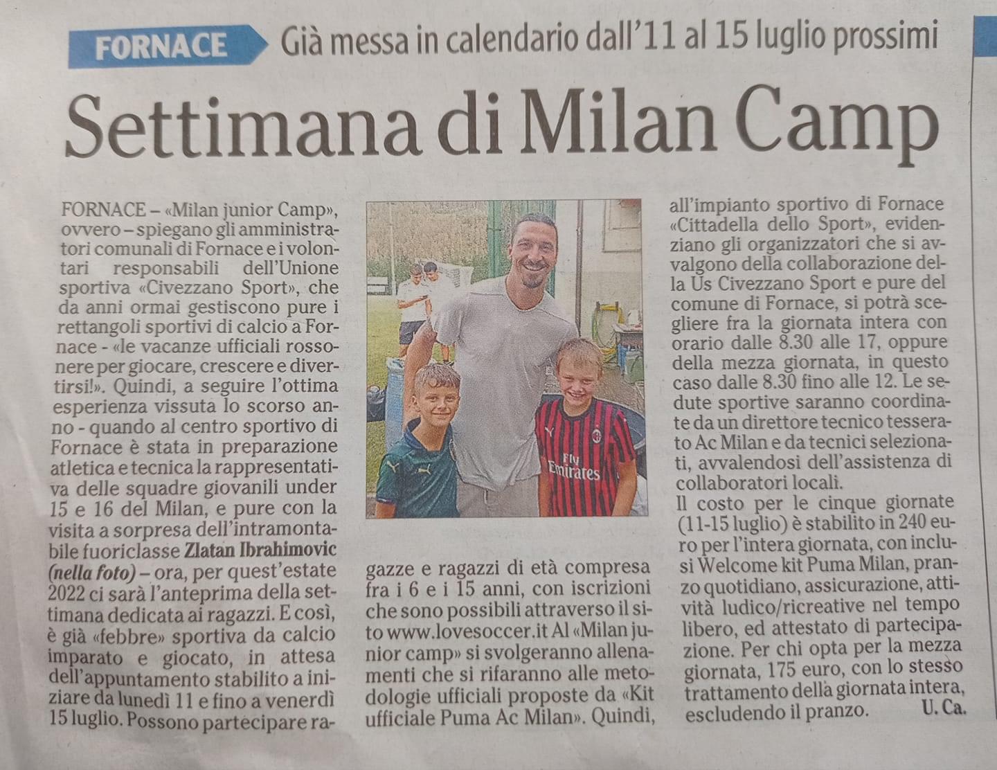 Sul quotidiano L’Adige parlano del Milan Junior Camp a Fornace