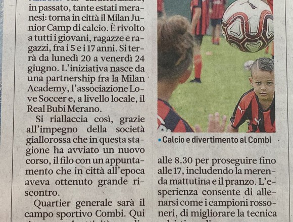 Sul giornale “Alto Adige” parlano del Milan Junior Camp a Merano