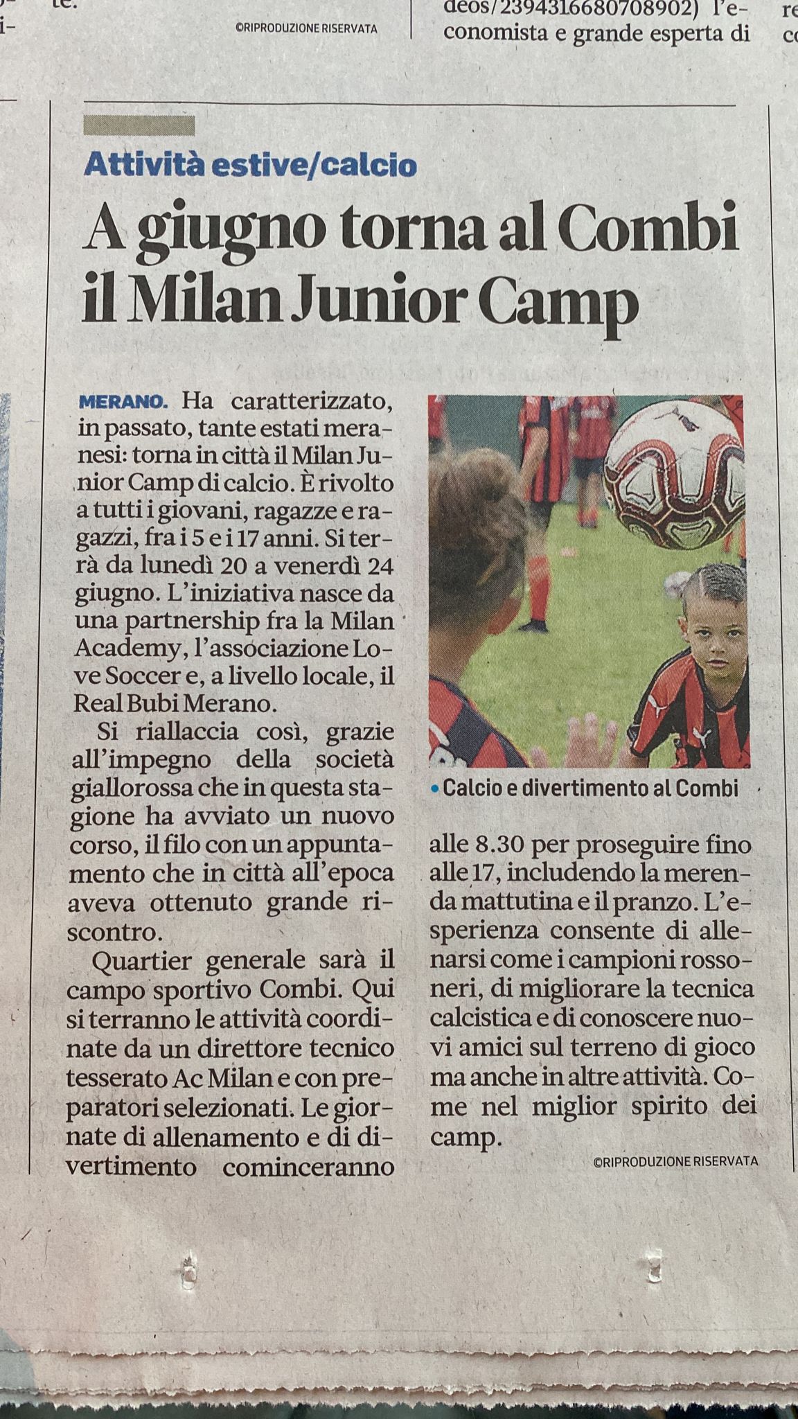 Sul giornale “Alto Adige” parlano del Milan Junior Camp a Merano